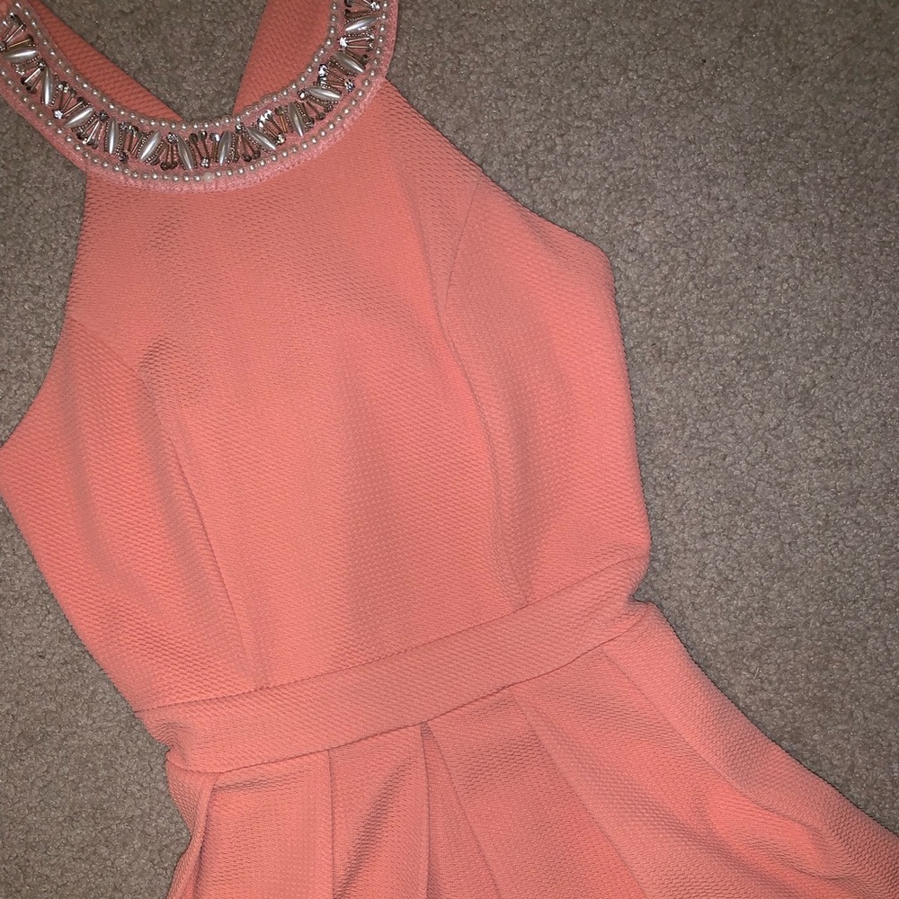Francesca’s Peachy Pink High Neck Jeweled Dress